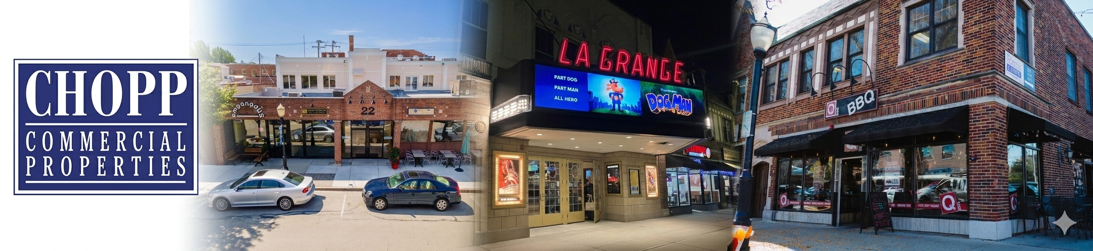 22 W. Calendar, La Grange Theater, and Q BBQ, all in La Grange, IL